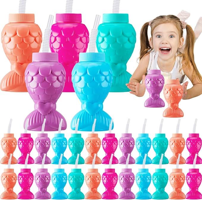 Sliner Mermaid Tumblers with Lids and Straws, Mermaid Cups Favors Summer Plastic Sipper Cups for ... | Amazon (US)