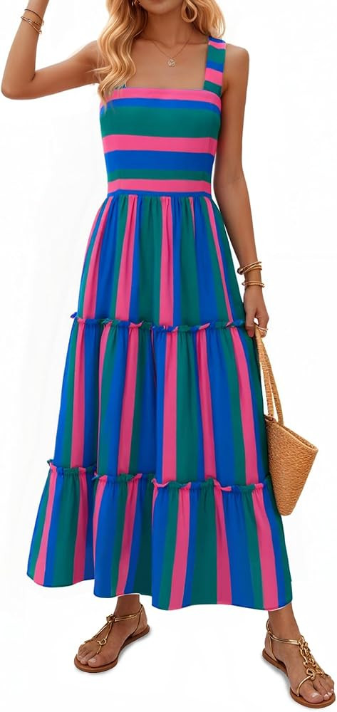 Yousify Womens Summer Maxi Dress 2026 Striped Casual Patchwork A Line Smocked Long Dress Boho Flo... | Amazon (US)