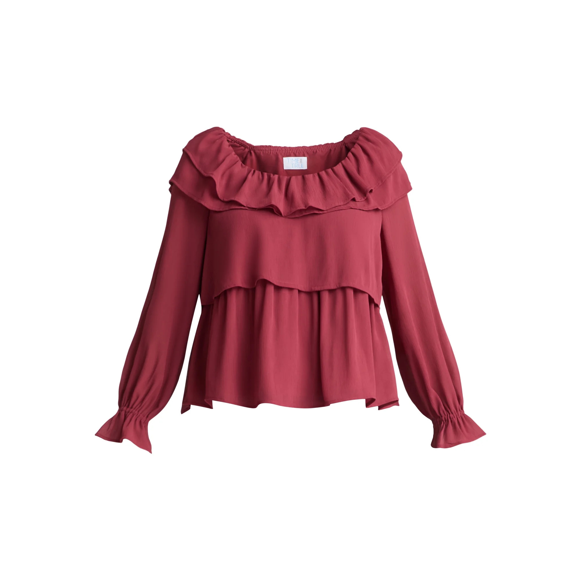 Time and Tru Women's Ruffle Neck Blouse with Long Sleeves, Sizes XS-3XL | Walmart (US)