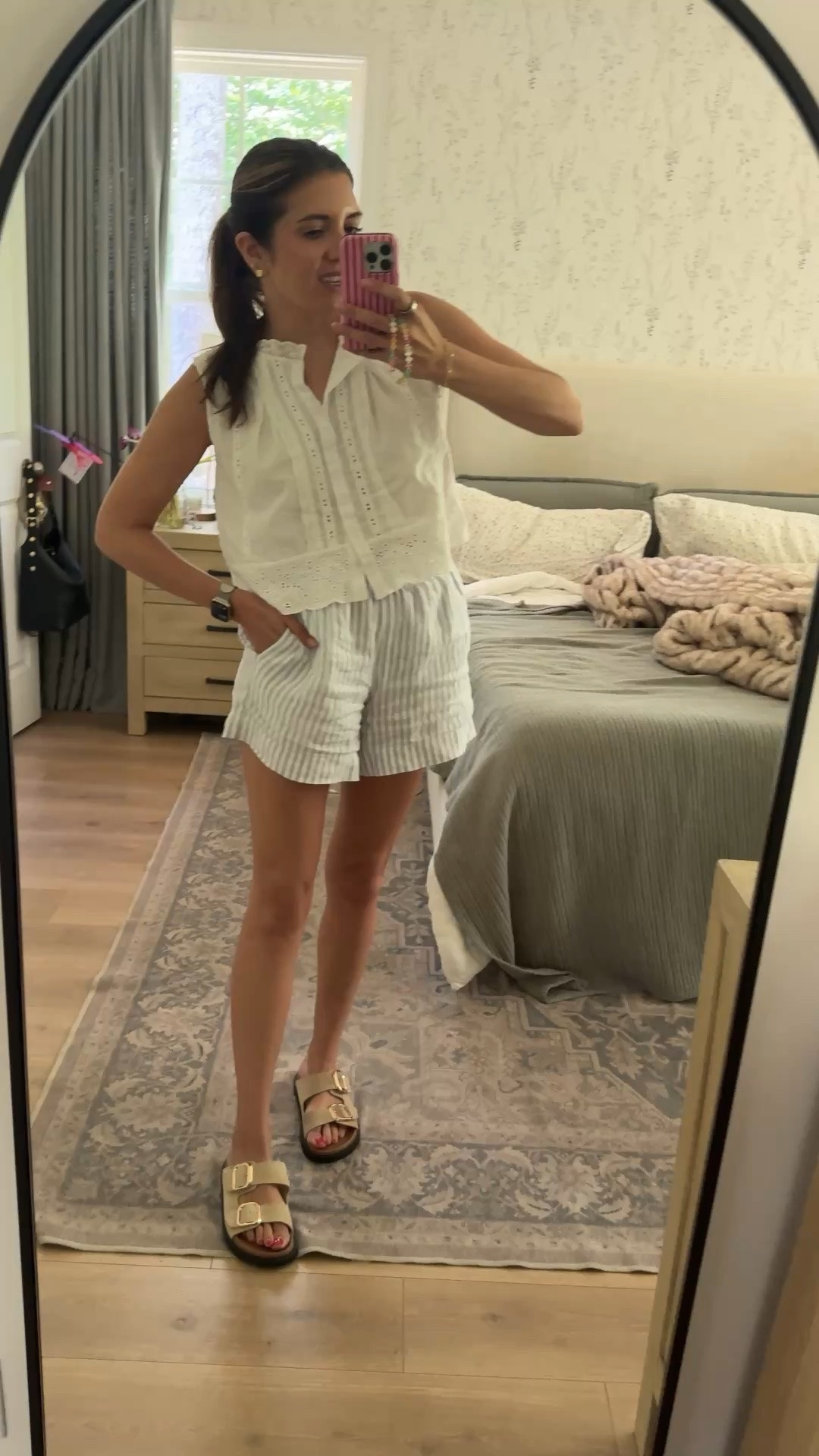 Outfit of the day with linen shorts and the perfect swingy eyelet top for summer! It’s 95 degrees today— linen is the only way to go!! I’m 5’7” and wearing a small in everything.

#LTKTall #LTKOver40 #LTKSaleAlert