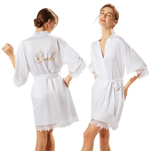 AW BRIDAL White Bride Robe Embroidered With Bride Bridesmaids Robes Womens Satin Bridal Robe Lace Trim Wedding Robes, L | Amazon (US)