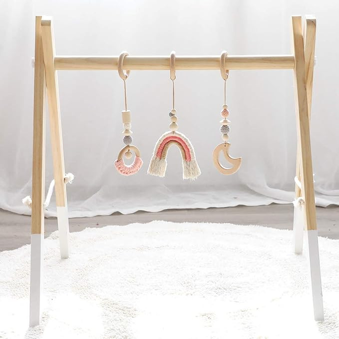 Baby Foldable Wooden Activity Gym Frame with 3 Rainbow Play Gym Toys Perfect Newborn Shower Gift | Amazon (US)
