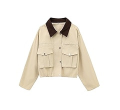Womens Cropped Jacket Contrast Collar Utility Coat Cargo Jacket Barn Jacket Outwear with Pockets | Amazon (US)