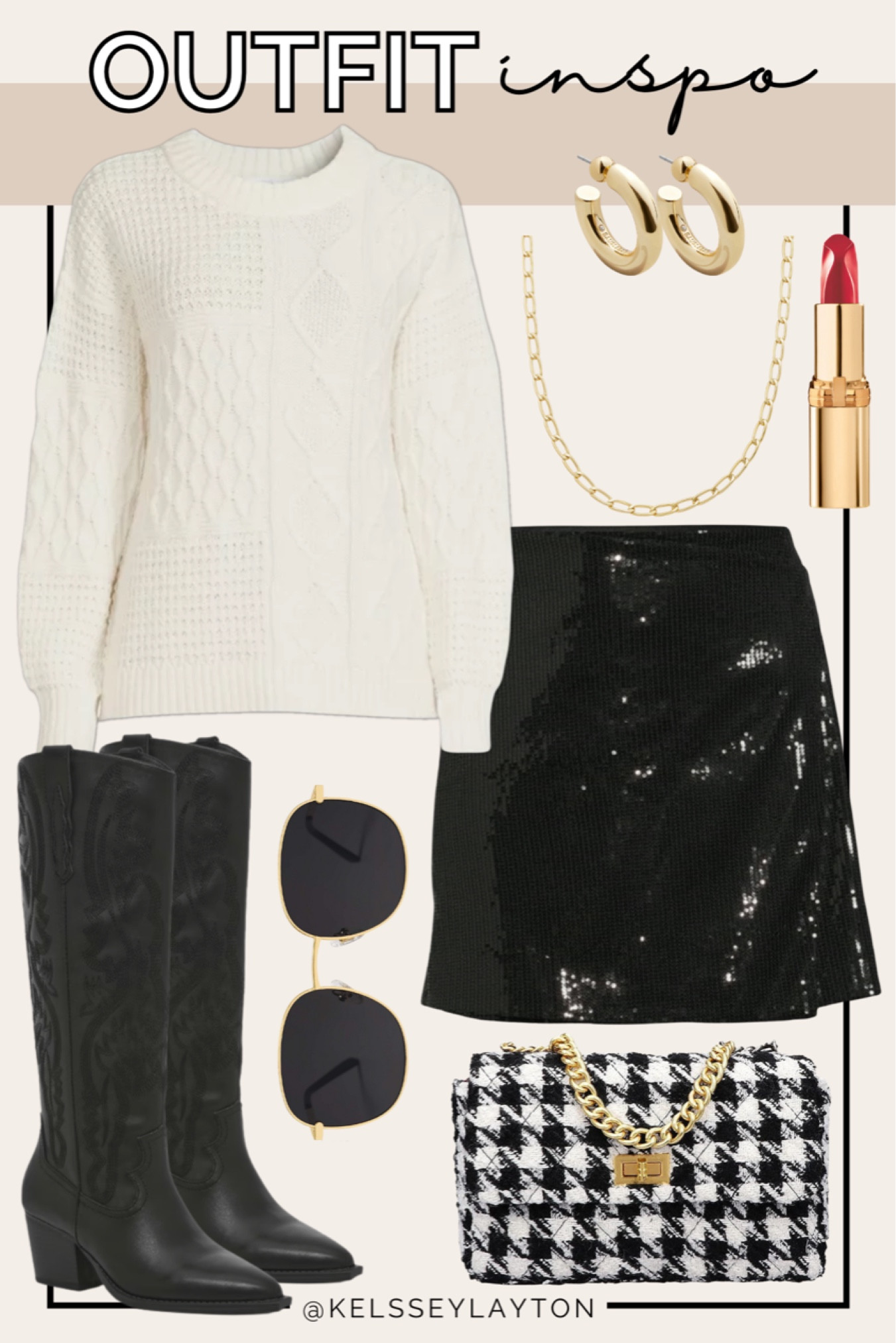 Outfit idea, Walmart outfit, Walmart fashion, time and tru, scoop, white sweater, sequin skirt, black cowboy boots, houndstooth bag

#LTKfindsunder50 #LTKshoecrush #LTKHoliday