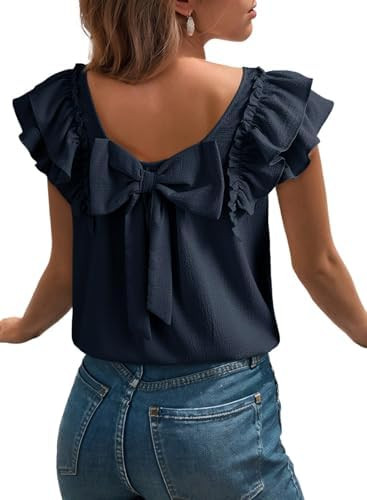 Dokotoo Womens Tops Casual Square Neck Bow Tie Back Blouse Ruffle Butterfly Sleeve Babydoll Textu... | Amazon (US)