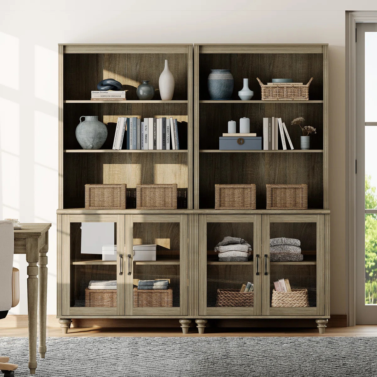 Scarlett Bookcase With Doors Set Of 2, 5 Tier Bookshelf, 72'' Tall Book Case With Glass Storage C... | Wayfair North America