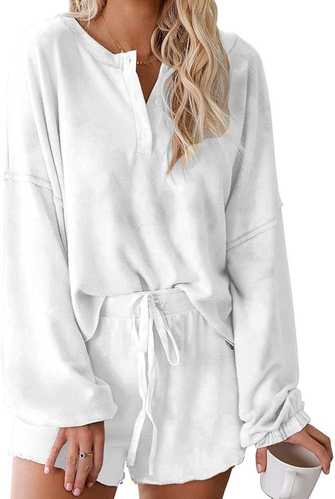 Womens Printed Ruffle Short Pajamas Set Long Sleeve Tops and Shorts PJ Set Loungewear Nightwear S... | Amazon (US)