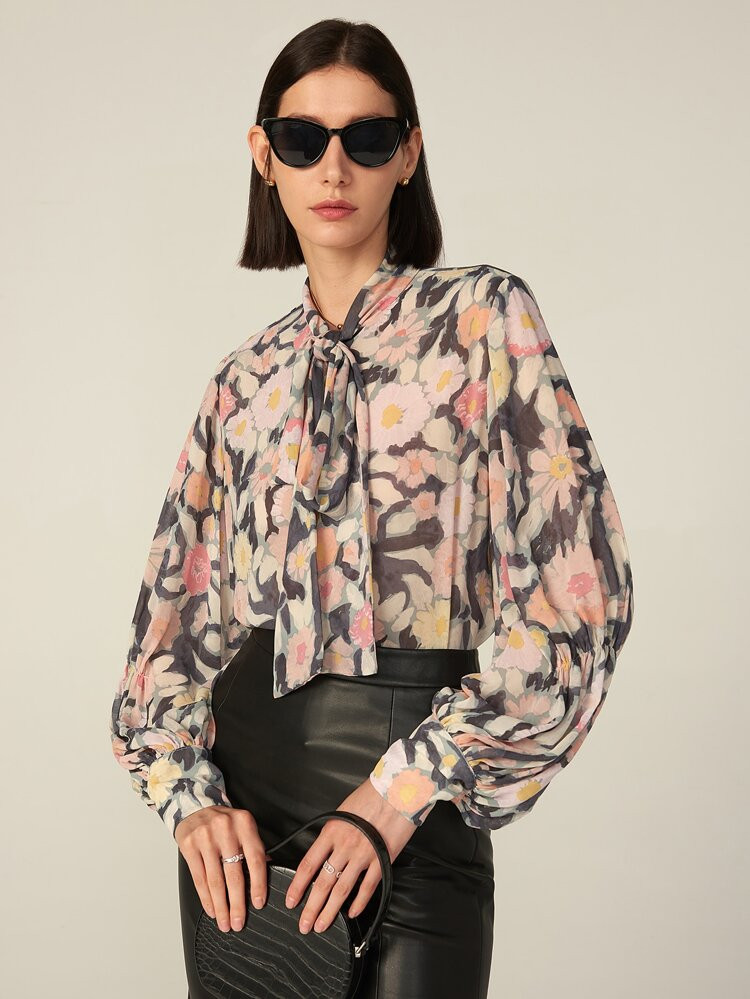 MOTF PREMIUM CHIFFON TIE NECK FLORAL BLOUSE | SHEIN