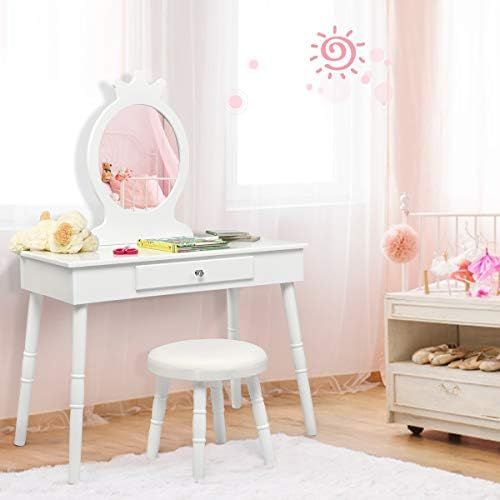 Costzon Kids Vanity Set, Wooden Princess Makeup Table with Cushioned Stool, Large Drawer, Solid W... | Amazon (US)