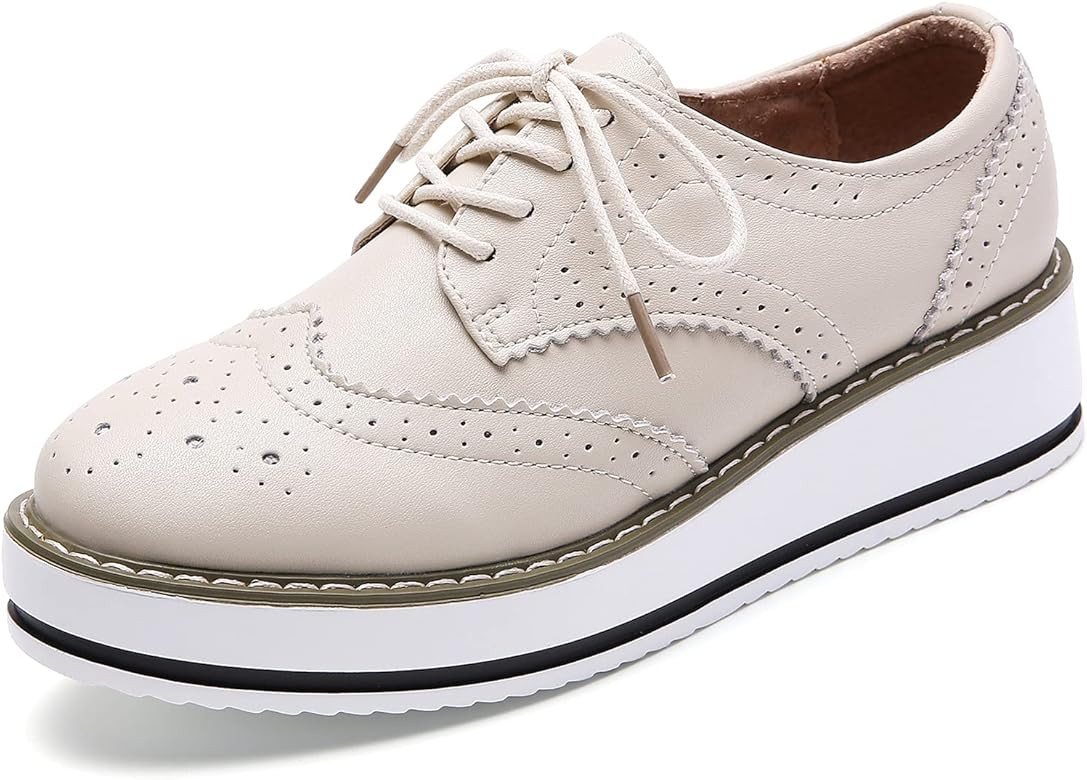 DADAWEN Women's Platform Lace-Up Wingtips Square Toe Oxfords Shoe | Amazon (US)