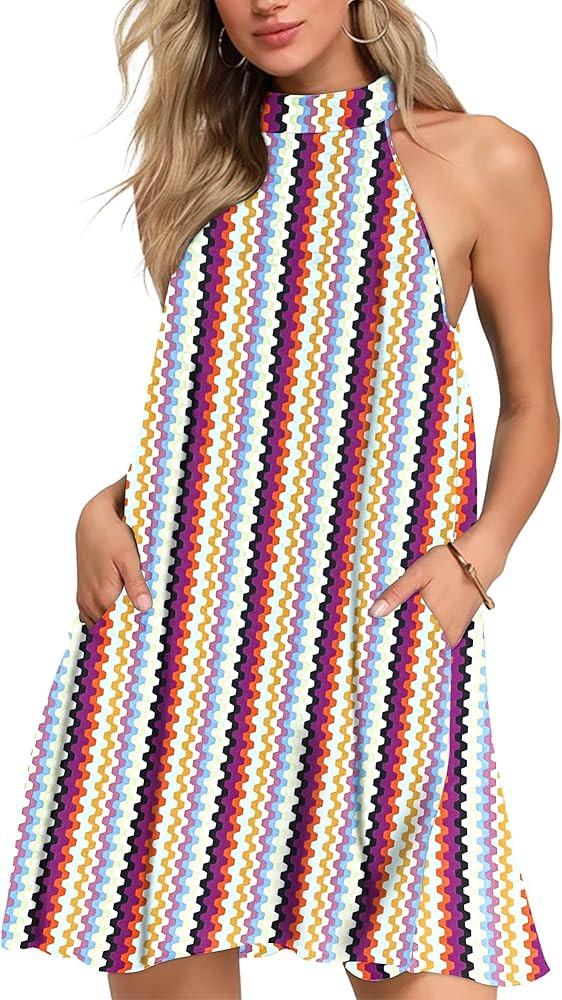 AUSELILY Womens Summer Dress Sleeveless Halter Neck Beach Dress Casual Sundresses with Pockets | Amazon (US)