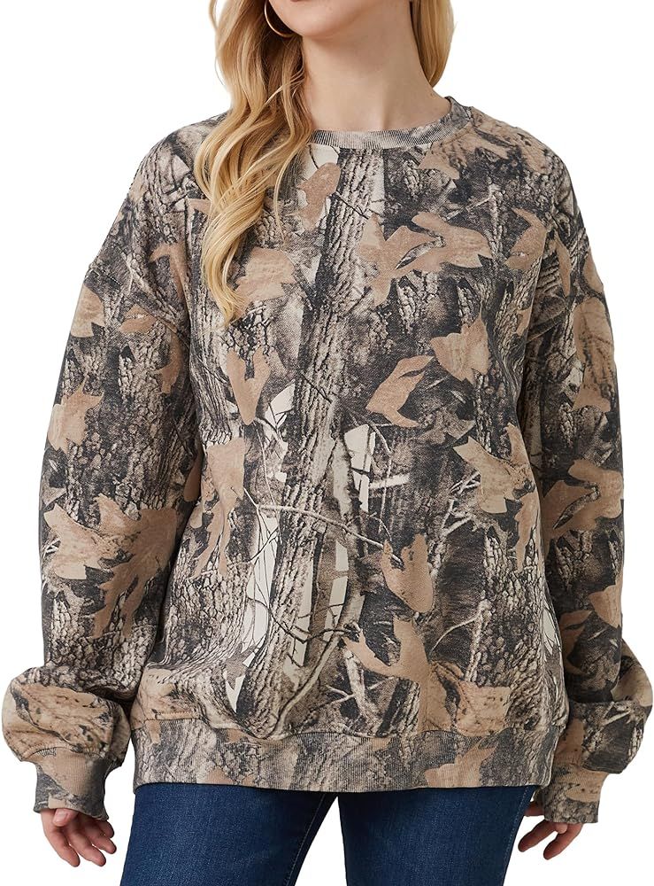 Eutten Womens Camo Sweatshirt Maple Leaf Print Oversized Camo Crewneck Sweatshirt Fleece Pullover... | Amazon (US)
