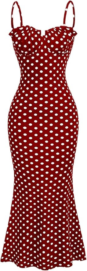Milumia Women's Polka Dots Frill Trim Cami Dress Elegant Ruched Bust Fishtail Maxi Dresses | Amazon (US)