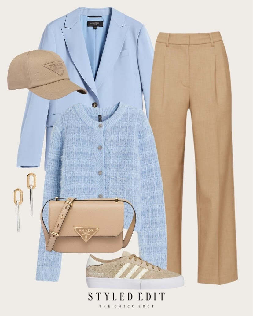Shop the look 🩵

#outfit #workwear #ootd #prada #adidas blazer sneakers cap pants cardigan handbag bag earrings 

#LTKstyletip #LTKshoecrush #LTKActive