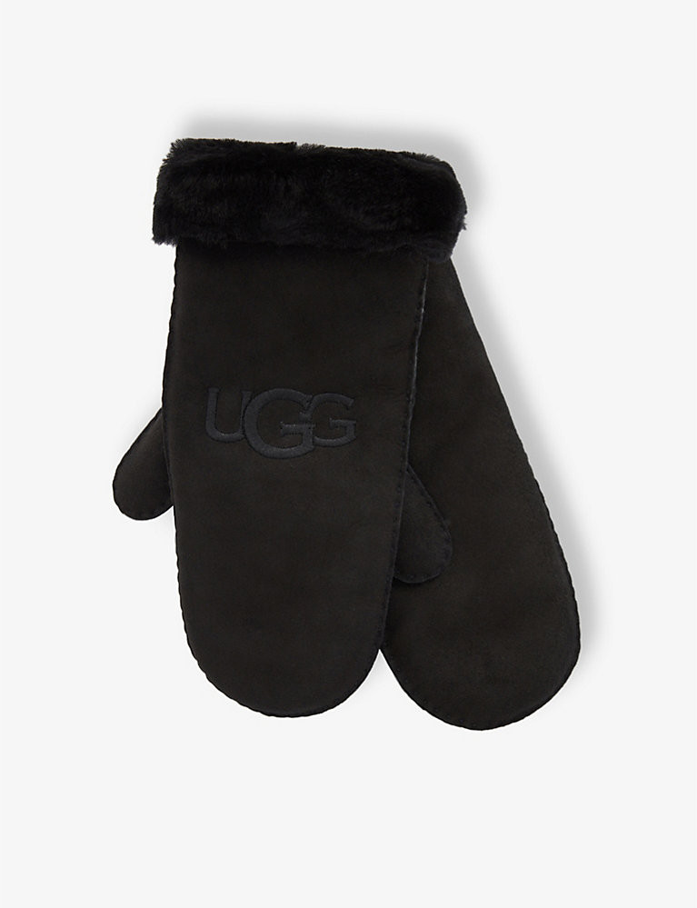UGG Logo-embroidered rounded leather and shearling mittens | Selfridges