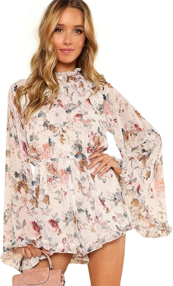 Women's Floral Printed Ruffle Bell Sleeve Loose Fit Jumpsuit Rompers | Amazon (US)