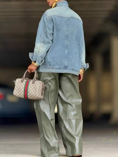 Women's Vintage Washed High Neck Asymmetric Button Loose Denim Jacket, Street Style Fashion Versa... | SHEIN