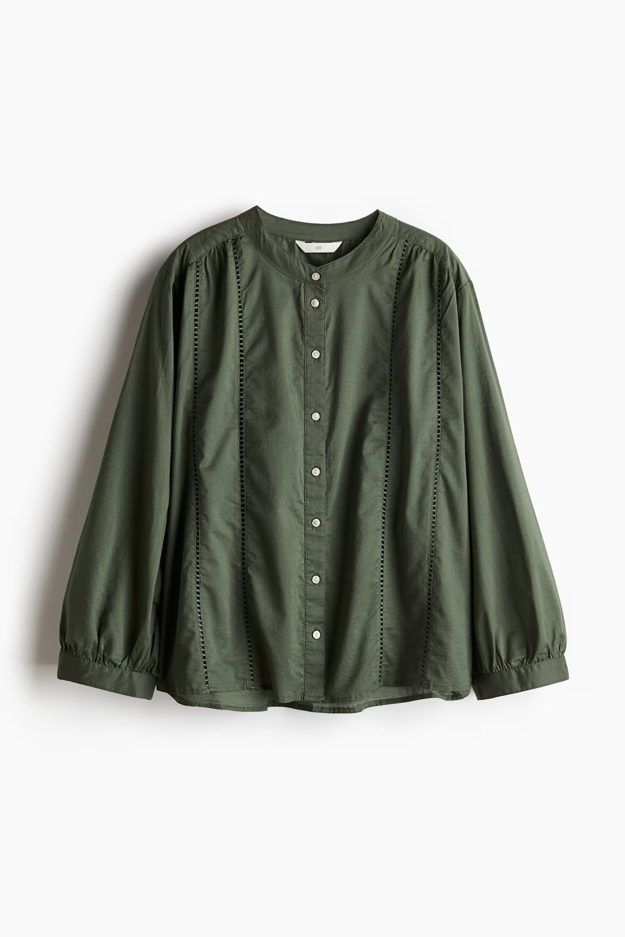 Blouse with Ladder Lace Insets - Round Neck - Long sleeve - Dark khaki green - Ladies | H&M US | H&M (US + CA)