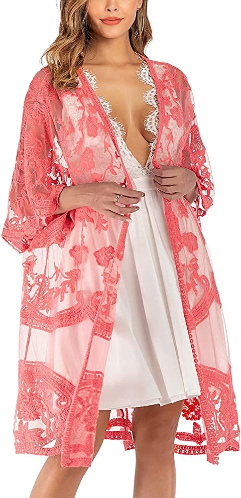 Romanstii Women's Lace Cardigan Floral Crochet Sheer Beach Cover Ups Long Kimono | Amazon (US)
