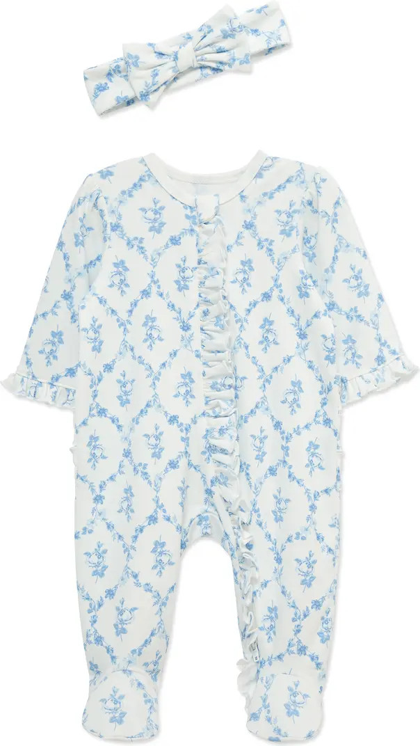 Little Me Trellis Rose Ruffle Cotton Footie & Headband Set | Nordstrom | Nordstrom