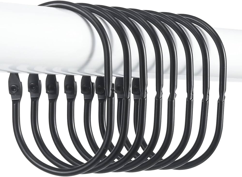 Goowin Shower Curtain Rings, 12 Pcs Shower Curtain Hooks, Oval Snap Shower Rings for Curtain, Metal Black Shower Curtain Rings Rust Proof, Glide Smoothly Shower Hooks for Shower Curtain Rod (Black) | Amazon (US)