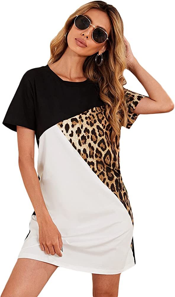 Floerns Women's Short Sleeve Color Block Leopard Print Tunic Dress | Amazon (US)