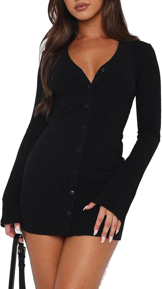 BONITEE Womens Sexy Long Sleeve Sweater Dresses Trendy Fall Button V Neck Mini Dress Winter Casua... | Amazon (CA)