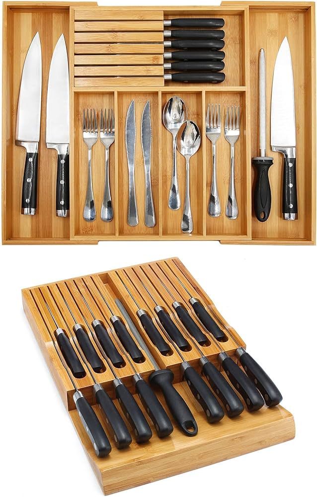 VaeFae Bamboo Knife Drawer Organizer, Expandable Cutlery Tray and In-Drawer Knife Insert (16 kniv... | Amazon (US)