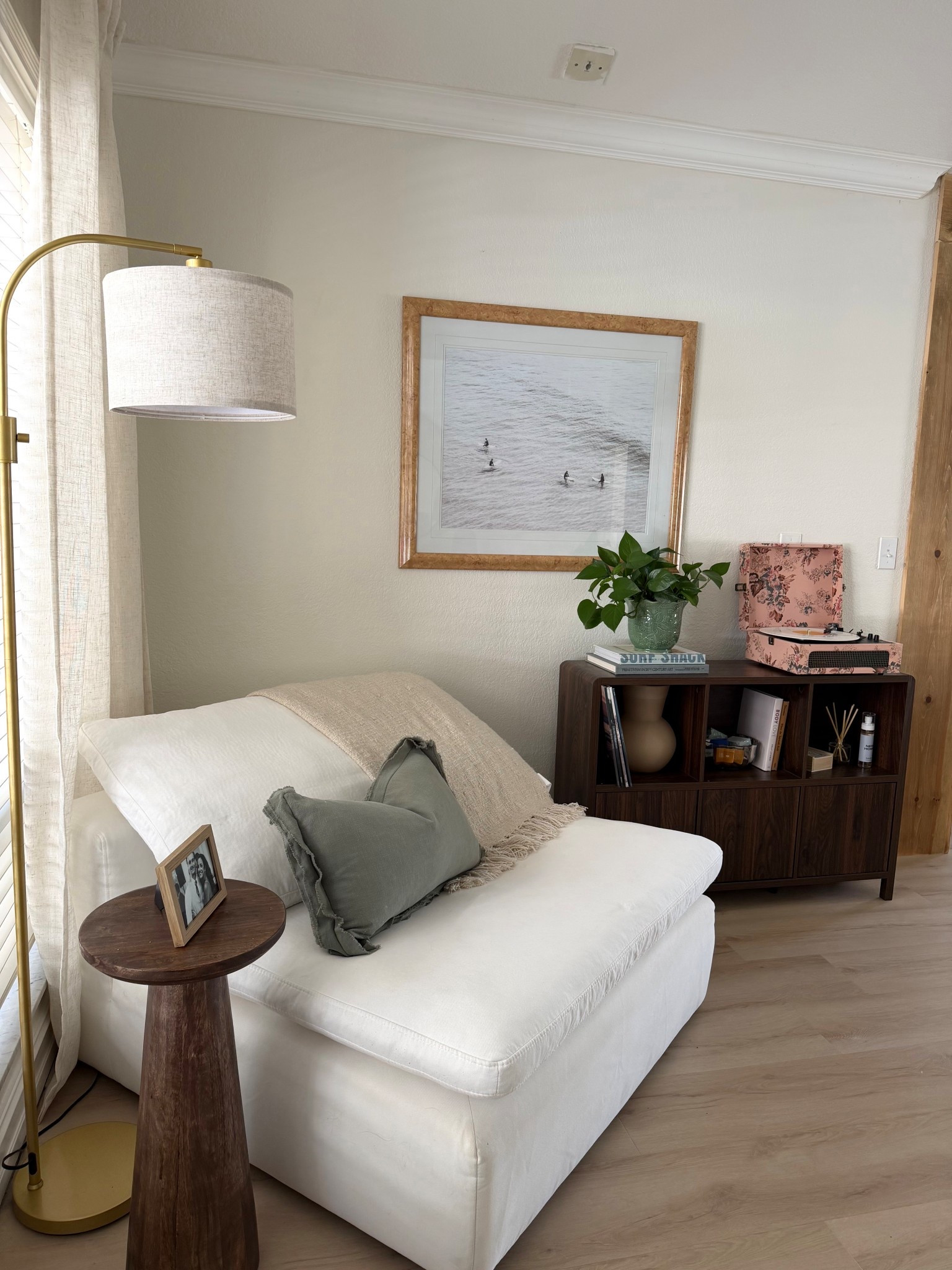 Neutral home decor coastal home style, reading nook, neutral sitting area, record player stand, walnut cabinet 

#LTKSeasonal #LTKHome