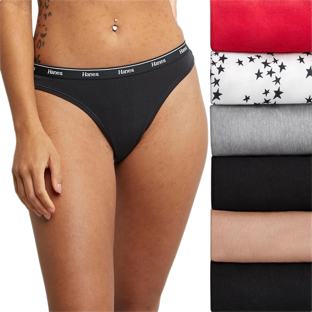 Hanes Women's Originals Thong Panties, Breathable Stretch Cotton Underwear, Assorted, 6-Pack | Amazon (US)