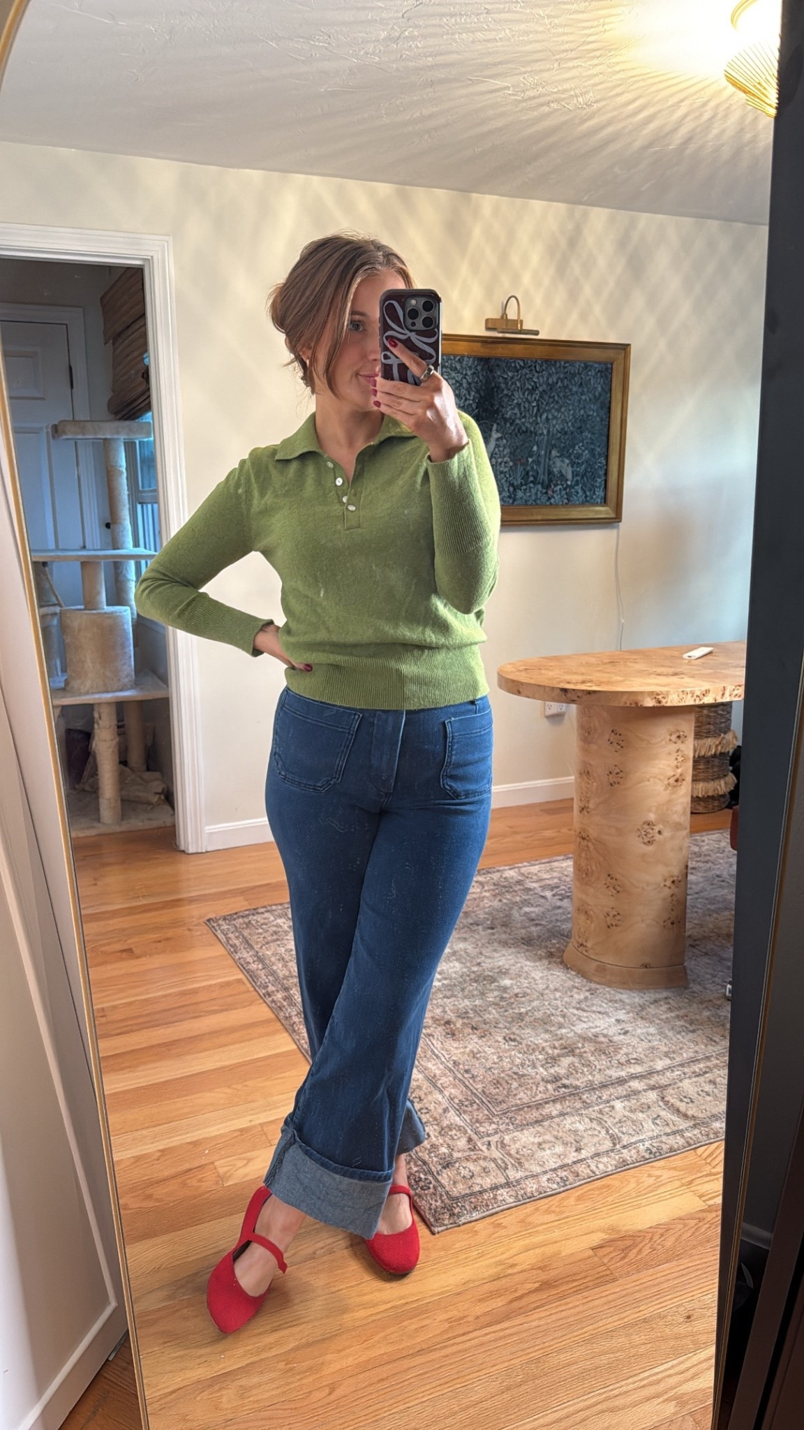 Monday outfit of the day! Teacher outfit, green sweater, cuffed jeans, red rothy flats, Mary Jane’s 

#LTKStyleTip #LTKWorkwear