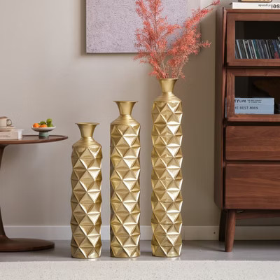 A Set Of Three Large, Gold-Plated Floor Vases, Featuring Triangular Patterns; These Tall, Metallic Standing Vases are Perfect For Home decor. | Target