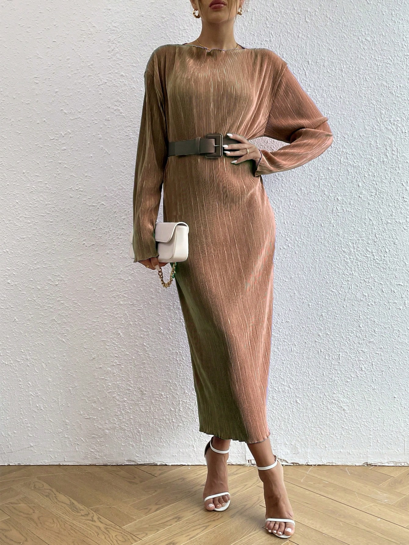 Drop Shoulder Plisse Belted Dress | SHEIN