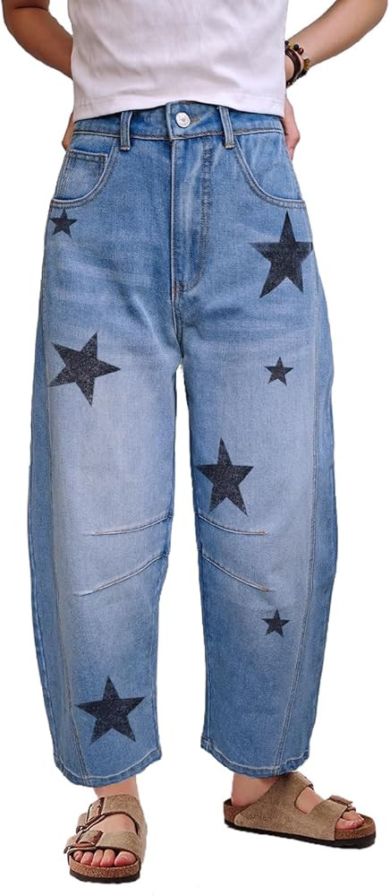 Womens Barrel Jeans Mid Rise Star Printed Balloon Denim Ankle Pants Vintage Baggy Horseshoe Boyfr... | Amazon (US)