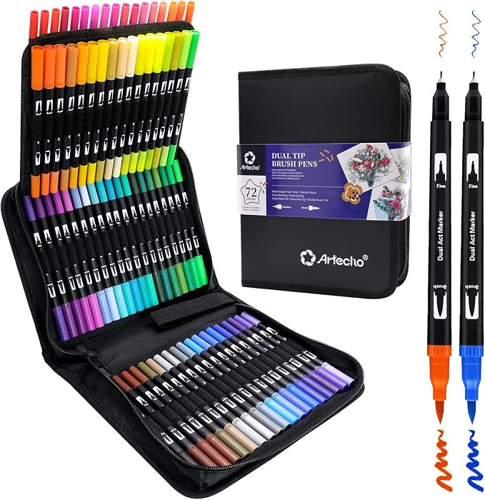 Artecho 72 Dual Tip Brush Pens with bag, Felt tip pens for adult colouring books, Colouring Pens ... | Amazon (UK)