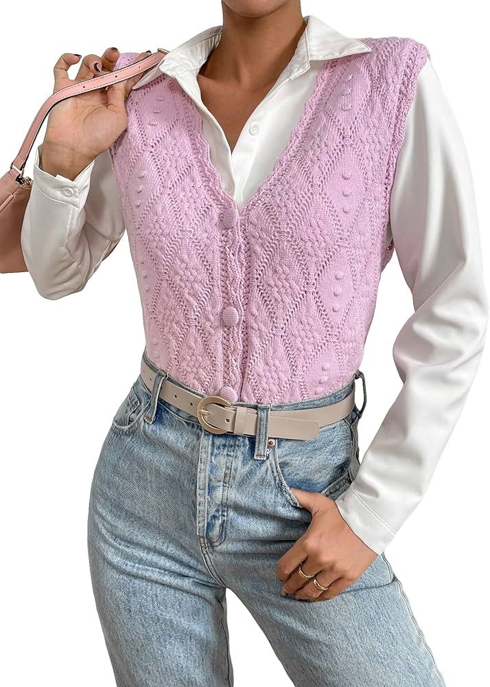 Verdusa Women's V Neck Sleeveless Button Up Sweater Vest Knitwear Cardigan Waistcoat | Amazon (US)