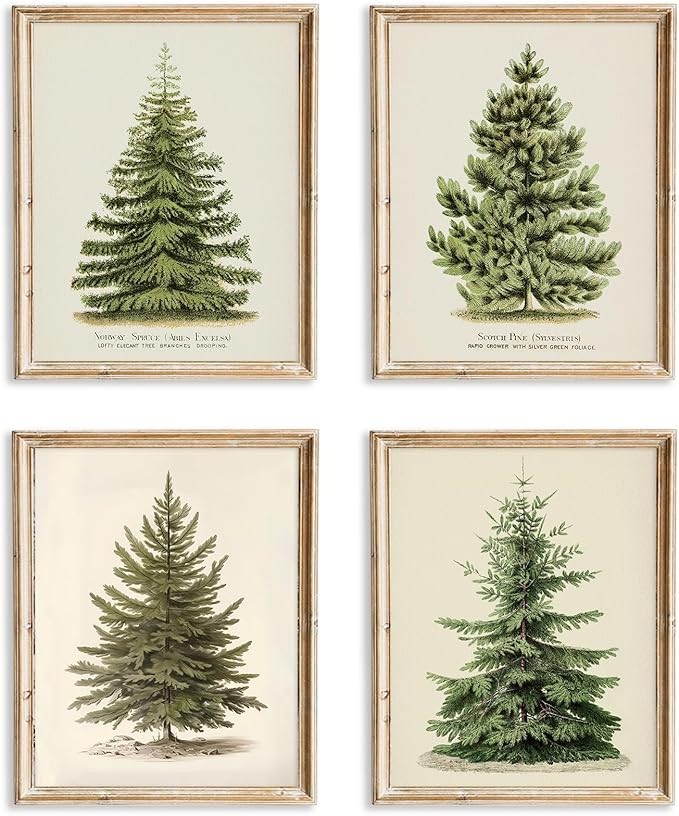 Vintage Christmas Tree Wall Art – Set of 4 Rustic Pine Tree Prints, Cozy Botanical Winter Holid... | Amazon (US)
