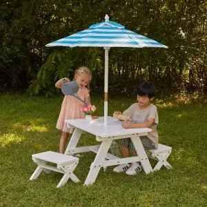 White Outdoor Table with Benches & Umbrella – Turquoise & White Stripes | KidKraft
