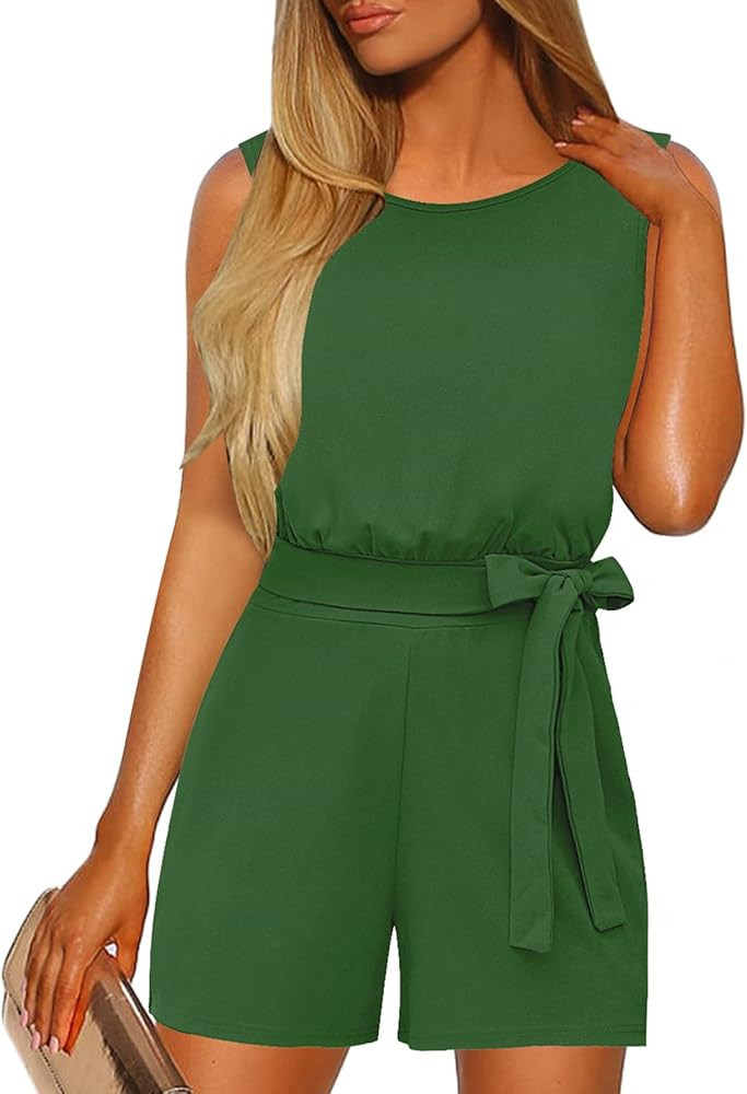 Vetinee Womens Summer Belted Romper Keyhole Back Short Sleeve Jumpsuit Playsuit | Amazon (US)