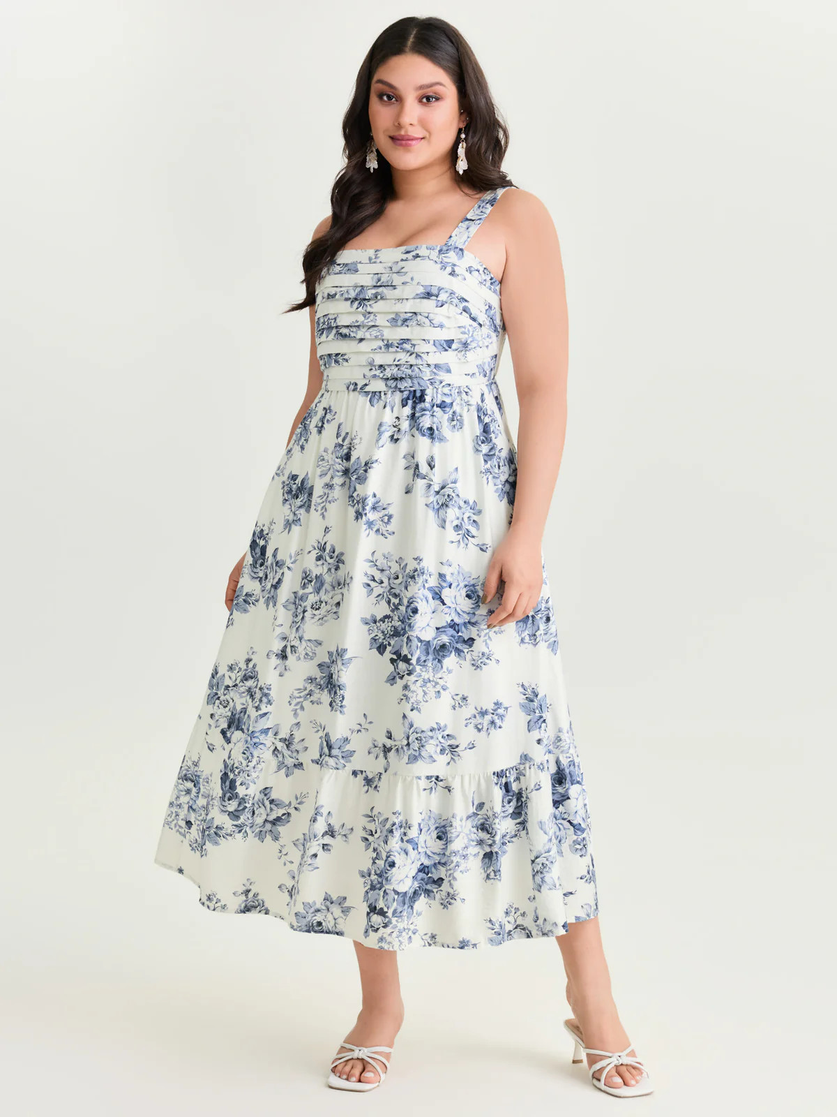 Large Floral Print Pleated Bodice Midi Dress | Bloomchic