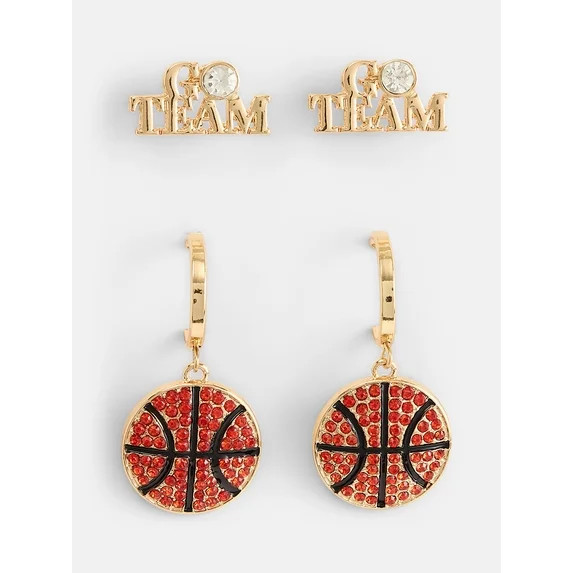 No Boundaries Women's Gold Tone Game Day Studs and Basketball Hoop Earrings Set, 2 Pairs | Walmart (US)