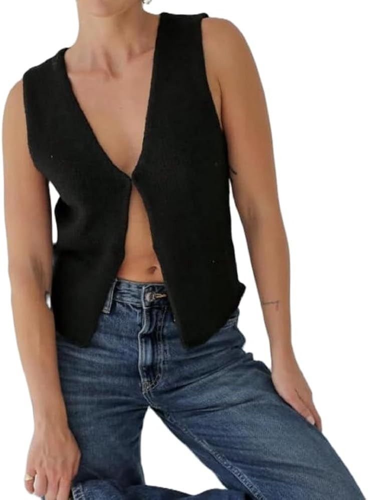 Womens Vintage Knittd Tank Y2k Vest Crop Top Sleeveless V-Neck Open Front Button Crochet Knit Ves... | Amazon (US)