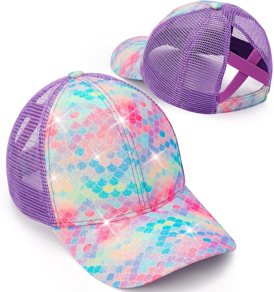 Girls Glitter Baseball Cap Criss Cross Hat, Girl Ponytail Hat - Kids Baseball Cap with High Bun M... | Amazon (US)