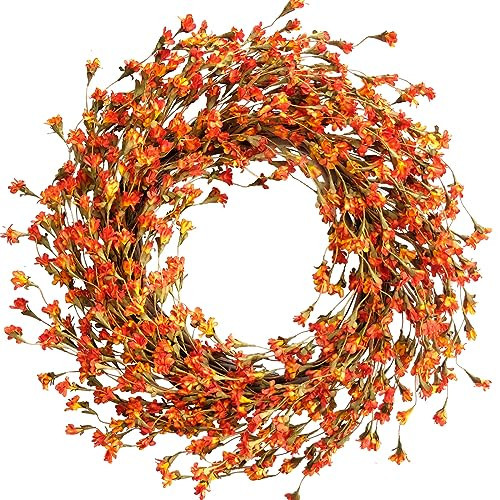 TEMPUS Fall Forsythia Wreath 20" Artificial Wreath for Front Door Hanging Wall Decoration Fall Harvest Thanksgiving Home Decor (Orange) | Amazon (US)