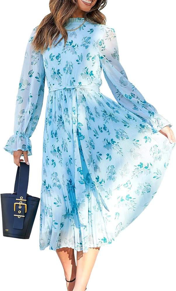 ANRABESS Women's Floral Midi Dress Puff Long Sleeve Casual Ruffle Chiffon A-Line Swing Pleated Be... | Amazon (US)