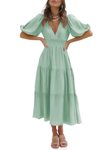 Tankaneo Women's Deep V Neck Puff Half Sleeve Midi Dress Summer Tiered A Line Boho Long Maxi Dress Green | Amazon (US)