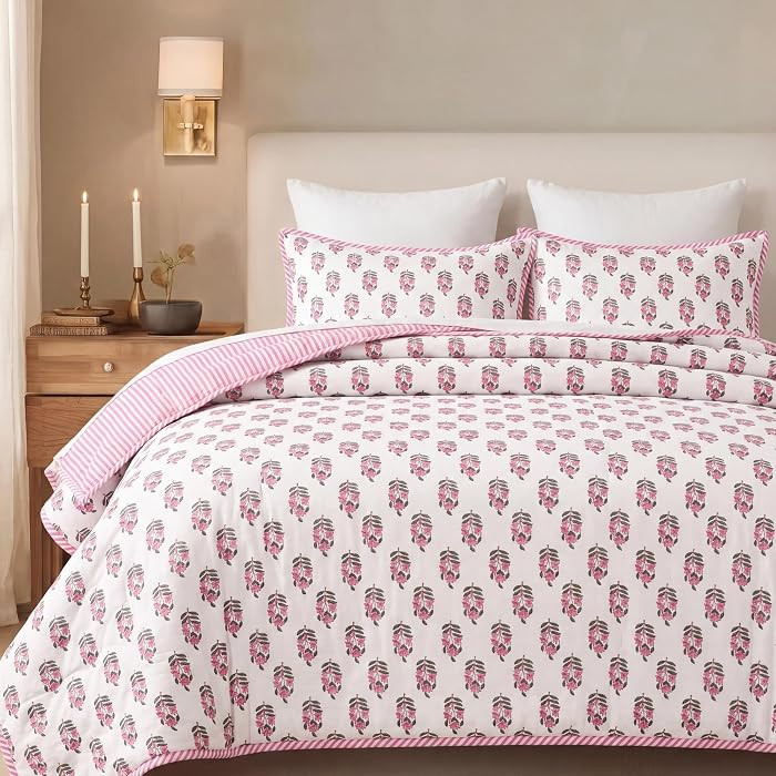 Block Print Reversible Cozy Quilt Punch Pink Twin 60" X 90" Lightweight Blanket for Sofa, Couch, ... | Amazon (US)