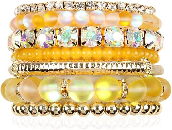RIAH FASHION Multi Color Stretch Beaded Stackable Bracelets - Layering Bead Strand Statement Wrap... | Amazon (US)