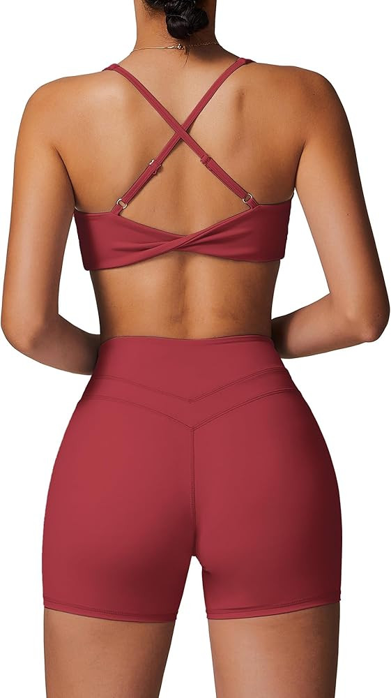 ABOCIW Workout Sets for Women 2 Piece V Neck Twist Back Sports Bra High Waist Biker Shorts Yoga O... | Amazon (US)