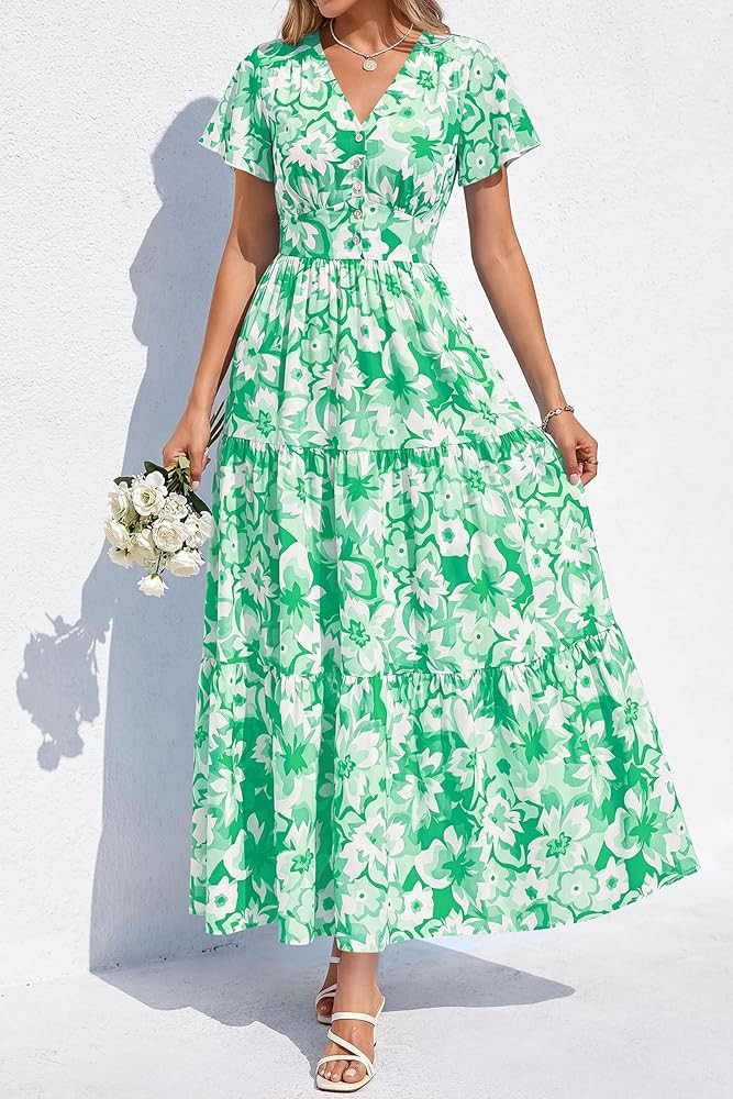 PRETTYGARDEN Women Summer Maxi Dresses 2026 Short Sleeve V Neck Button Floral Tiered Flowy Boho S... | Amazon (US)